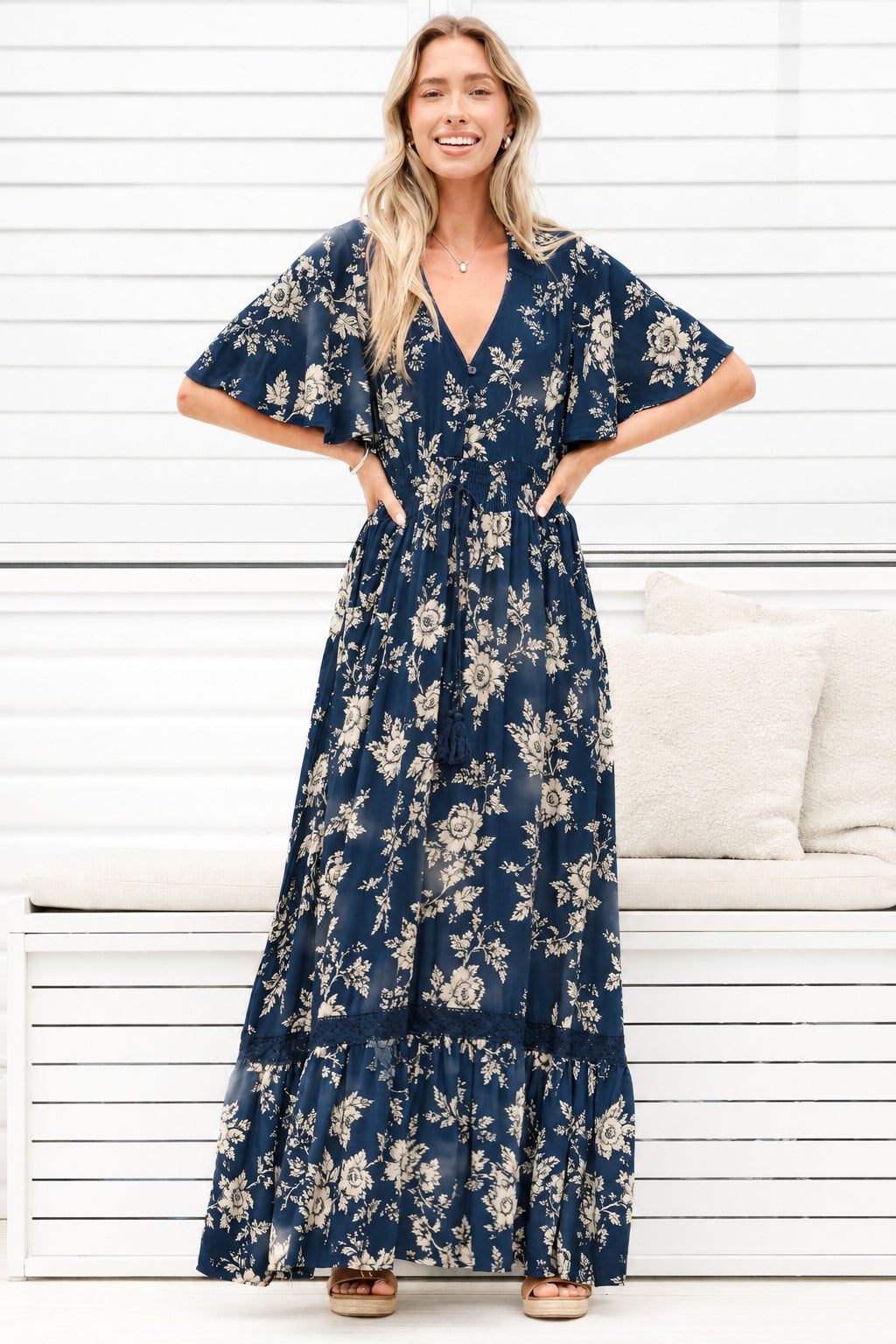 Balenca Maxi Dress - V Beck A Line Dress with Flutter Sleeves & Lace Inserts in Salvia Print Navy