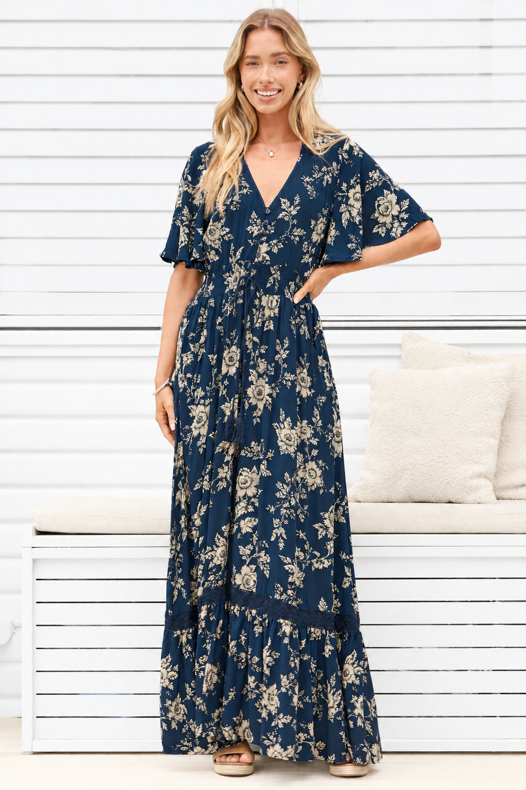 Balenca Maxi Dress - V Beck A Line Dress with Flutter Sleeves & Lace Inserts in Salvia Print Navy