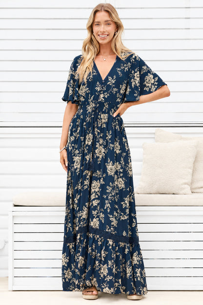 Balenca Maxi Dress - V Beck A Line Dress with Flutter Sleeves & Lace Inserts in Salvia Print Navy