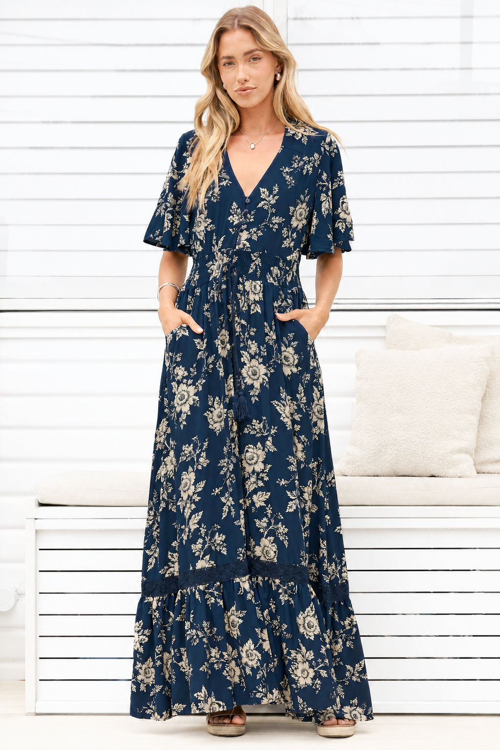 Balenca Maxi Dress - V Beck A Line Dress with Flutter Sleeves & Lace Inserts in Salvia Print Navy