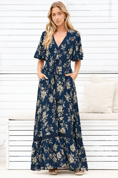 Balenca Maxi Dress - V Beck A Line Dress with Flutter Sleeves & Lace Inserts in Salvia Print Navy