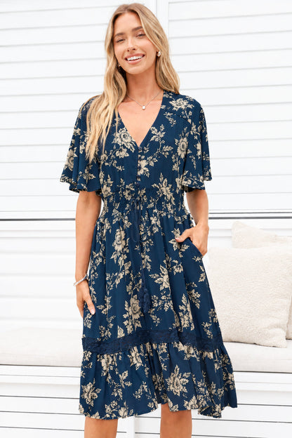 Balenca Mini Dress - V Neck Lace Insert A Line Dress with Flutter Sleeves in Salvia Print Navy