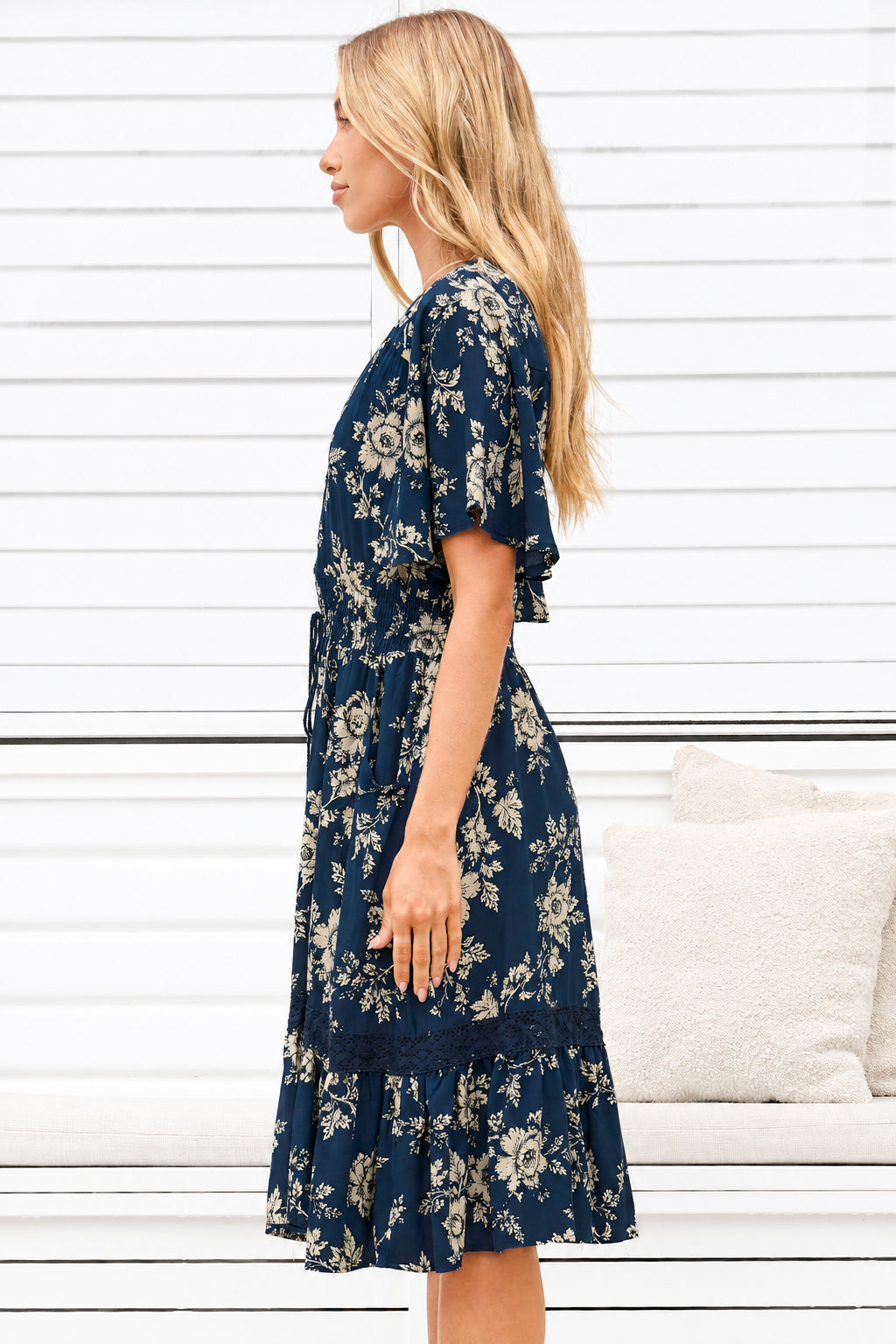 Balenca Mini Dress - V Neck Lace Insert A Line Dress with Flutter Sleeves in Salvia Print Navy