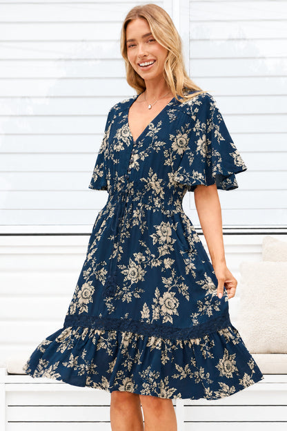 Balenca Mini Dress - V Neck Lace Insert A Line Dress with Flutter Sleeves in Salvia Print Navy