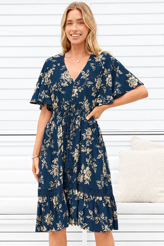 Balenca Mini Dress - V Neck Lace Insert A Line Dress with Flutter Sleeves in Salvia Print Navy