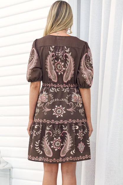 Bestie Mini Dress - V Neck Balloon Sleeve Dress with Tie Waist and Pockets in Magah Print Brown