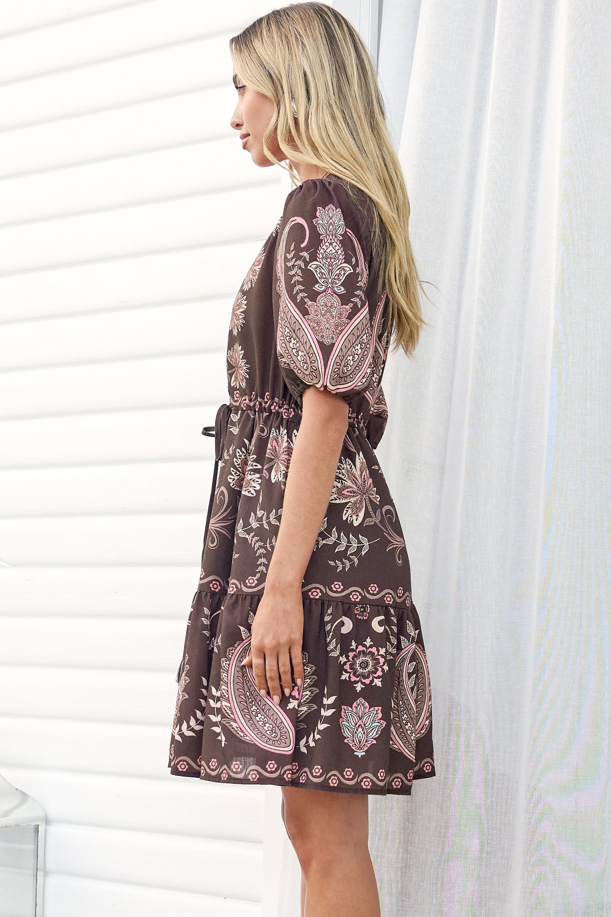 Bestie Mini Dress - V Neck Balloon Sleeve Dress with Tie Waist and Pockets in Magah Print Brown