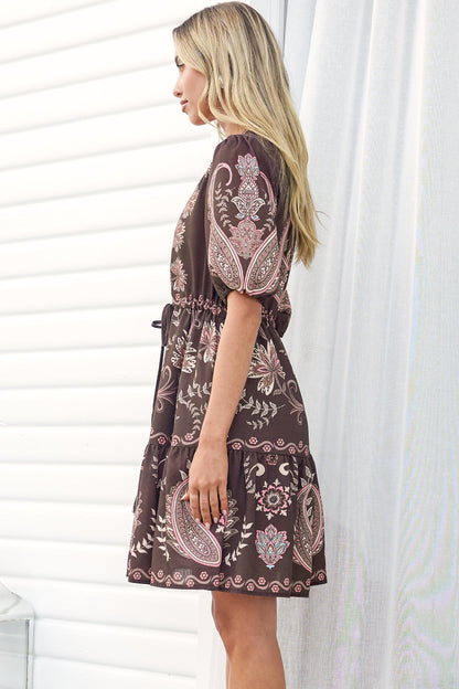 Bestie Mini Dress - V Neck Balloon Sleeve Dress with Tie Waist and Pockets in Magah Print Brown