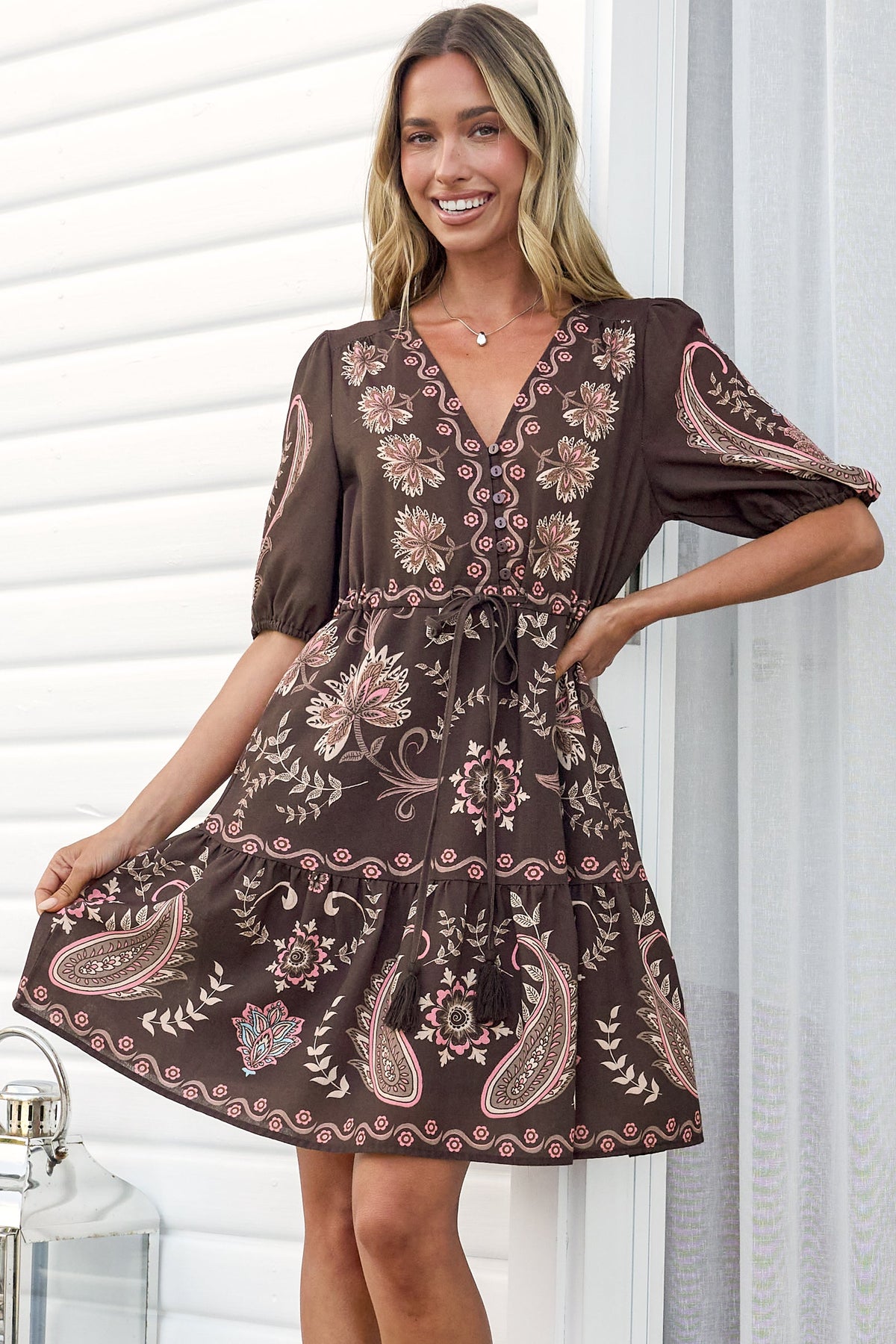Bestie Mini Dress - V Neck Balloon Sleeve Dress with Tie Waist and Pockets in Magah Print Brown