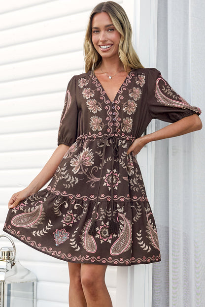 Bestie Mini Dress - V Neck Balloon Sleeve Dress with Tie Waist and Pockets in Magah Print Brown