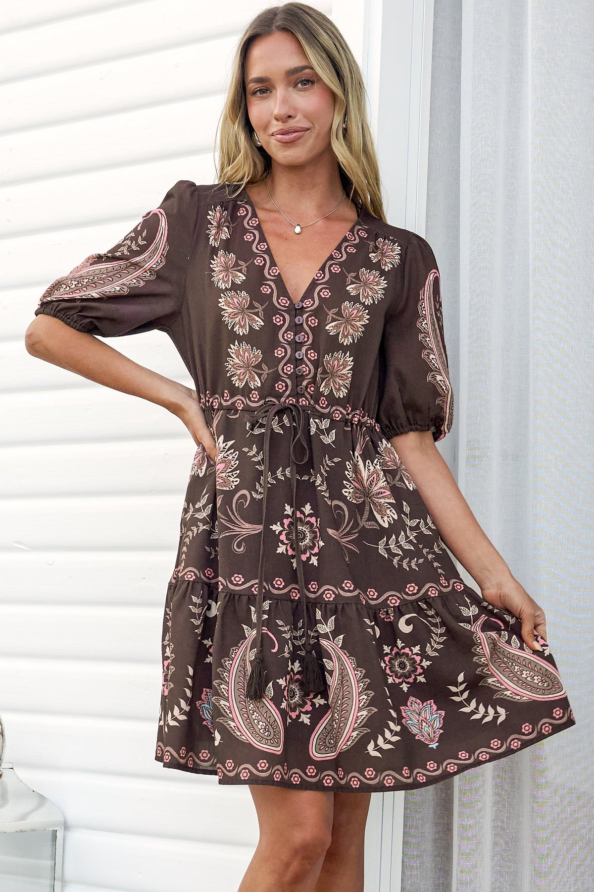 Bestie Mini Dress - V Neck Balloon Sleeve Dress with Tie Waist and Pockets in Magah Print Brown