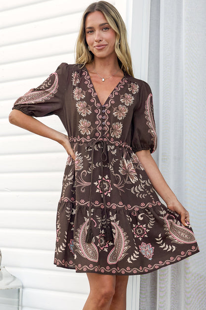 Bestie Mini Dress - V Neck Balloon Sleeve Dress with Tie Waist and Pockets in Magah Print Brown