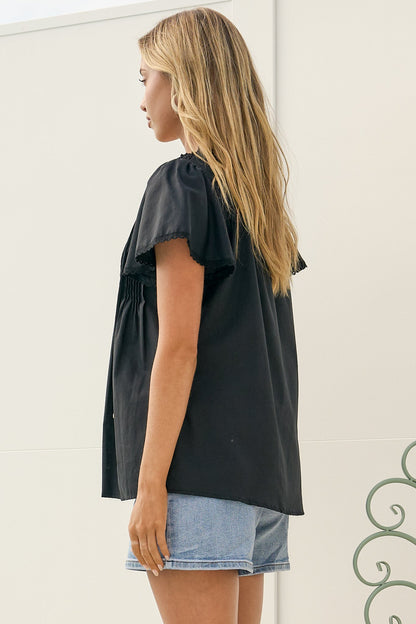 Bialah Top - V Neck Crochet Lace Yoke Flutter Sleeve Top in Black