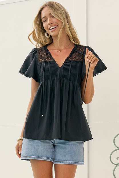 Bialah Top - V Neck Crochet Lace Yoke Flutter Sleeve Top in Black