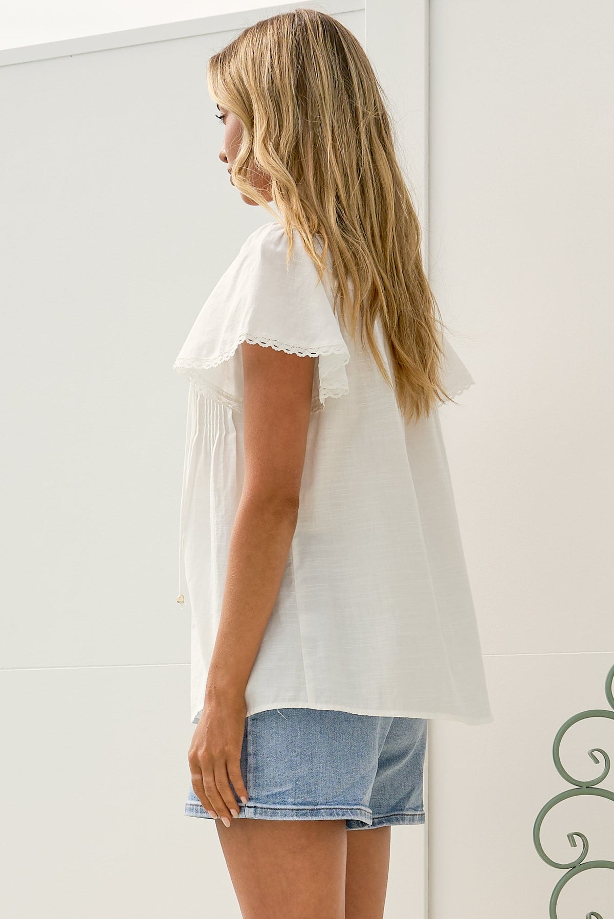 Bialah Top - V Neck Crochet Lace Yoke Flutter Sleeve Top in White