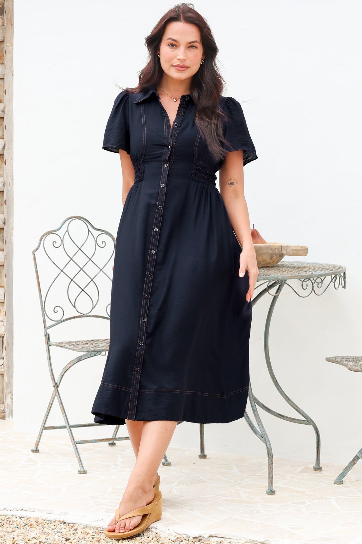 Byella Midi Dress - Collared Button Down Contrast Stitched Dress with Pockets in Navy