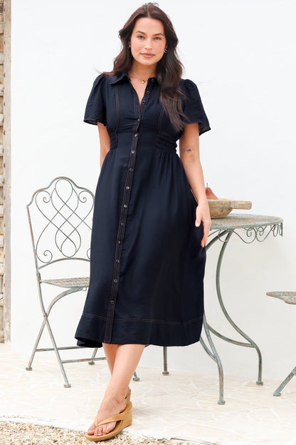 Byella Midi Dress - Collared Button Down Contrast Stitched Dress with Pockets in Navy