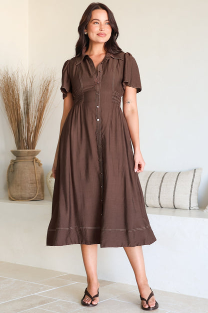 Byella Midi Dress - Collared Button Down Contrast Stitched Dress with Pockets in Chocolate