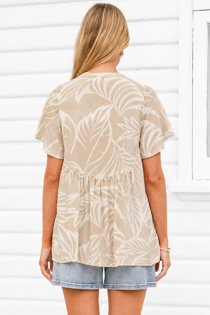 Bryonie Top - Tie V Neckline Button Down Top with Flutter Sleeves in Jeani Print Beige