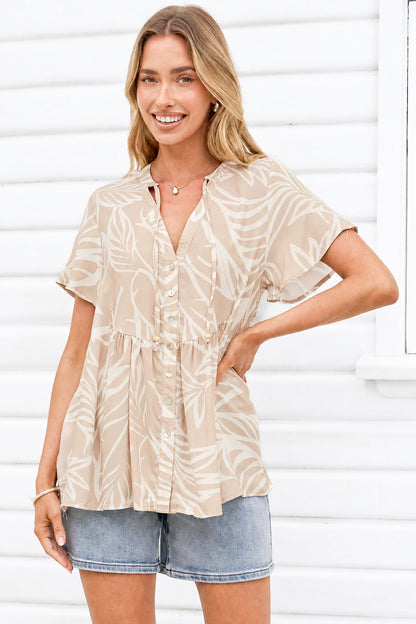 Bryonie Top - Tie V Neckline Button Down Top with Flutter Sleeves in Jeani Print Beige