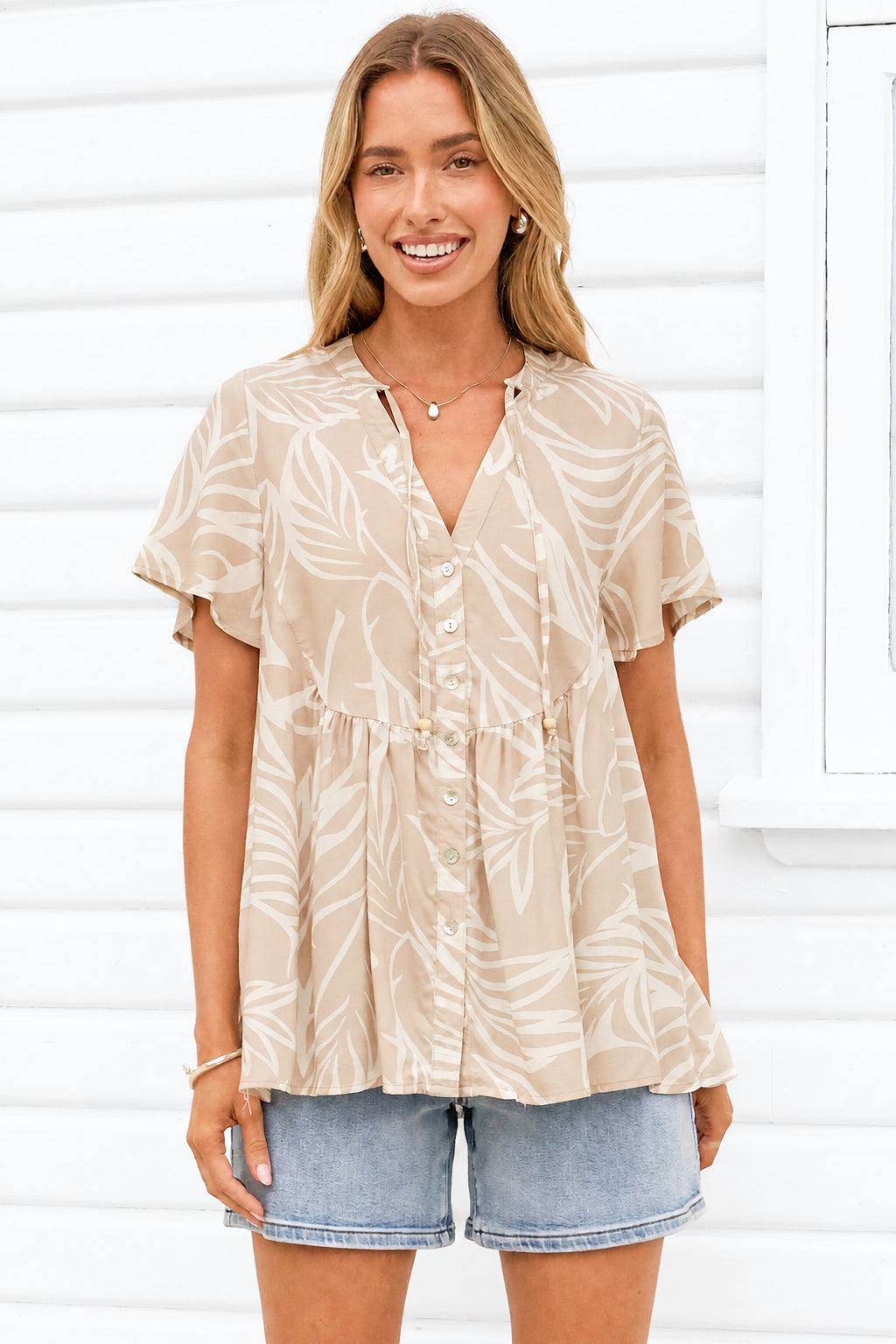 Bryonie Top - Tie V Neckline Button Down Top with Flutter Sleeves in Jeani Print Beige
