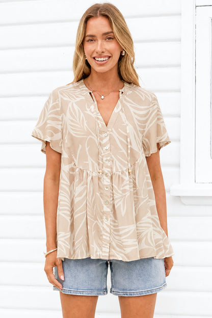 Bryonie Top - Tie V Neckline Button Down Top with Flutter Sleeves in Jeani Print Beige