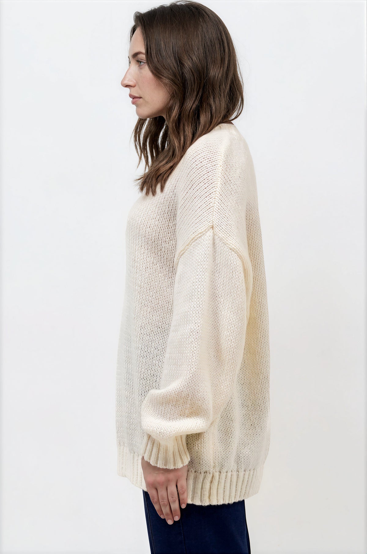 Caesar Jumper - Crew Neck Long Knit with Pocket and Ribbed Hemlines in Beige