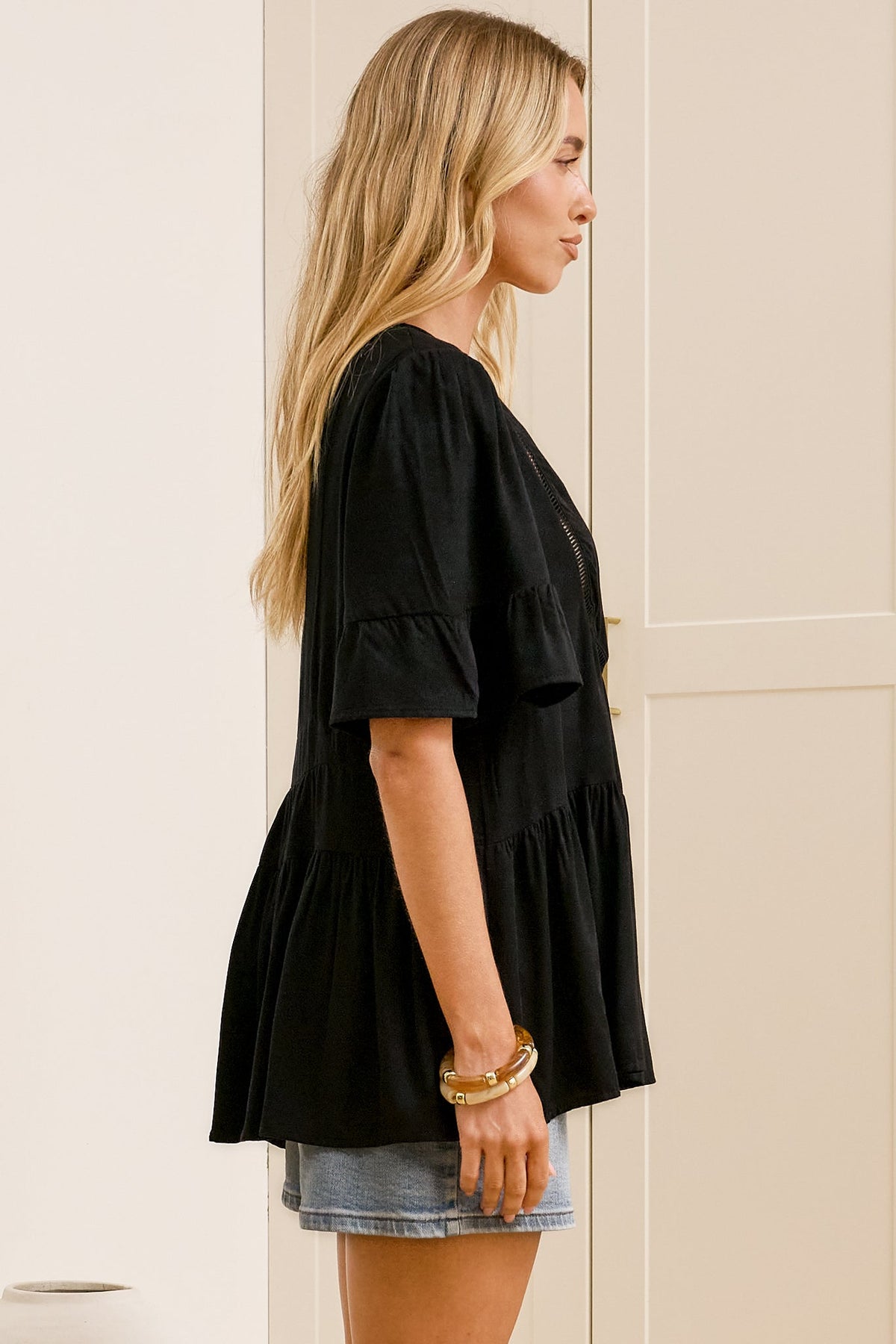 Candara Top - V Neck Ladder Trim Top with Ruffle-cuff Sleeves in Black