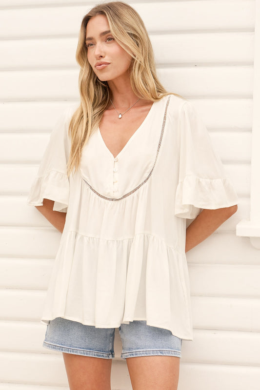 Candara Top - V Neck Ladder Trim Top with Ruffle-cuff Sleeves in White