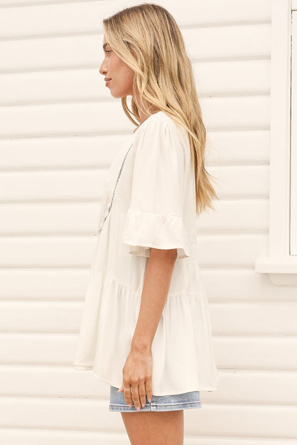 Candara Top - V Neck Ladder Trim Top with Ruffle-cuff Sleeves in White