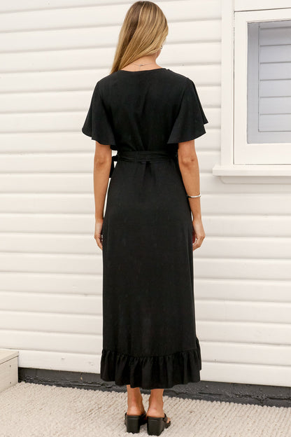 Carolina Midi Dress - V Neck Wrap Dress with Ruffle High Low Hemline in Black