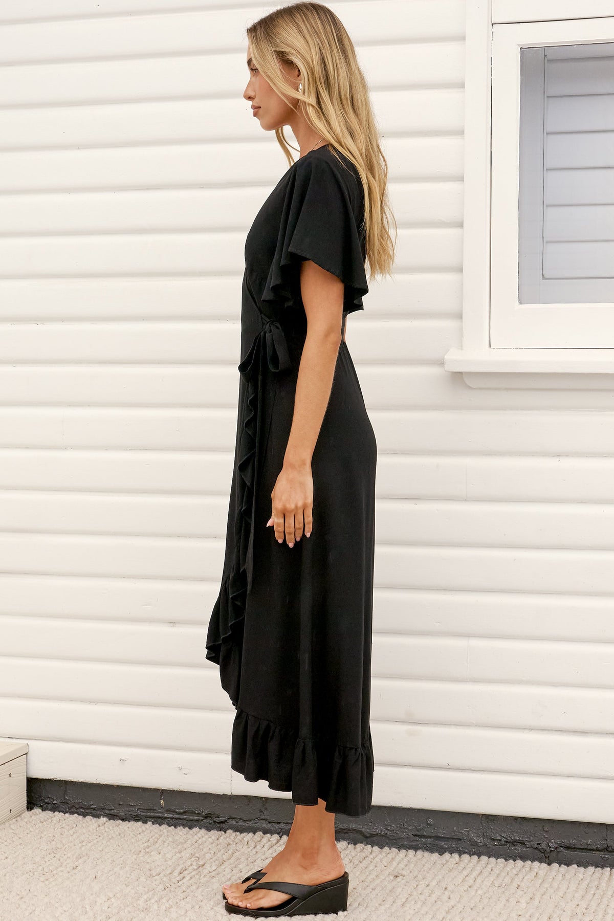 Carolina Midi Dress - V Neck Wrap Dress with Ruffle High Low Hemline in Black