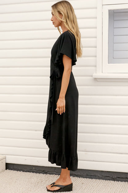 Carolina Midi Dress - V Neck Wrap Dress with Ruffle High Low Hemline in Black