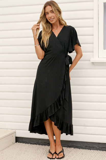Carolina Midi Dress - V Neck Wrap Dress with Ruffle High Low Hemline in Black