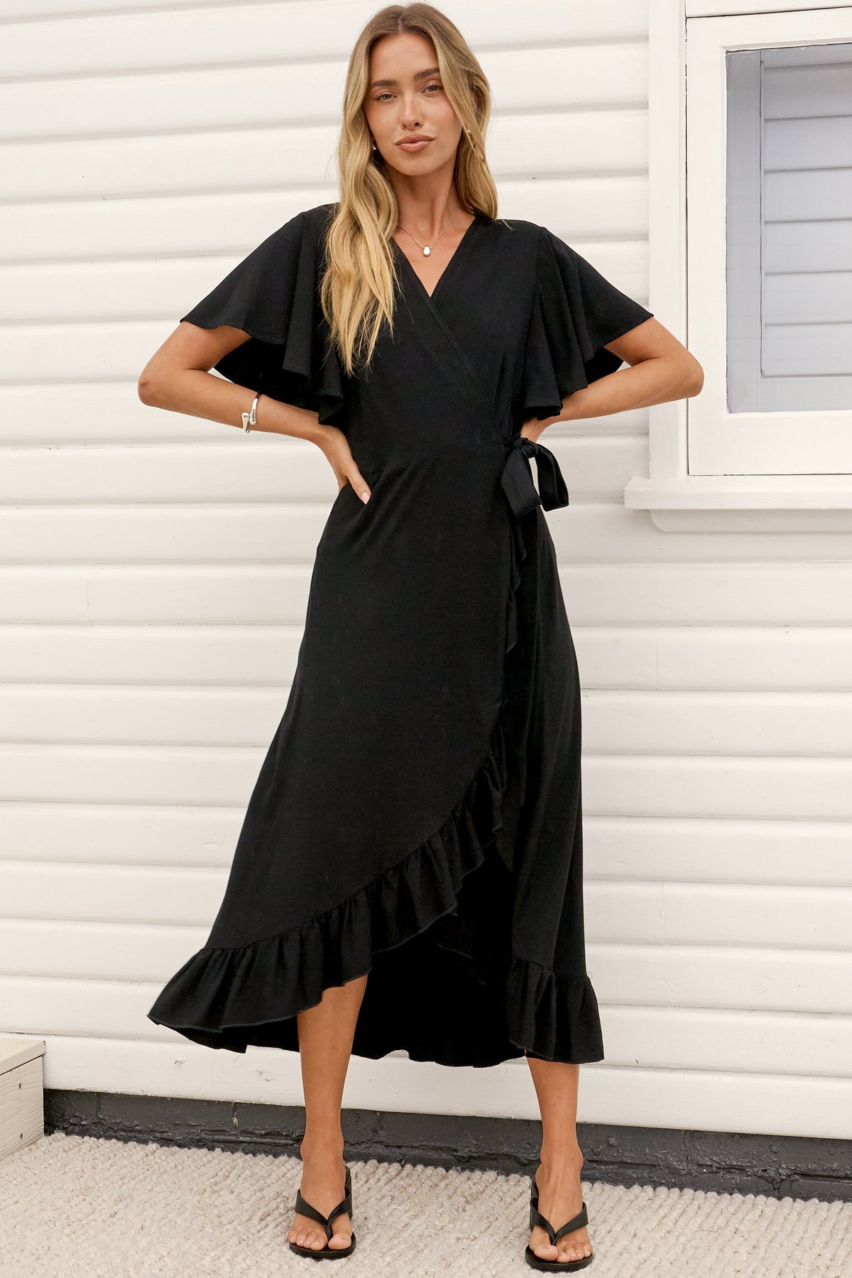 Carolina Midi Dress - V Neck Wrap Dress with Ruffle High Low Hemline in Black