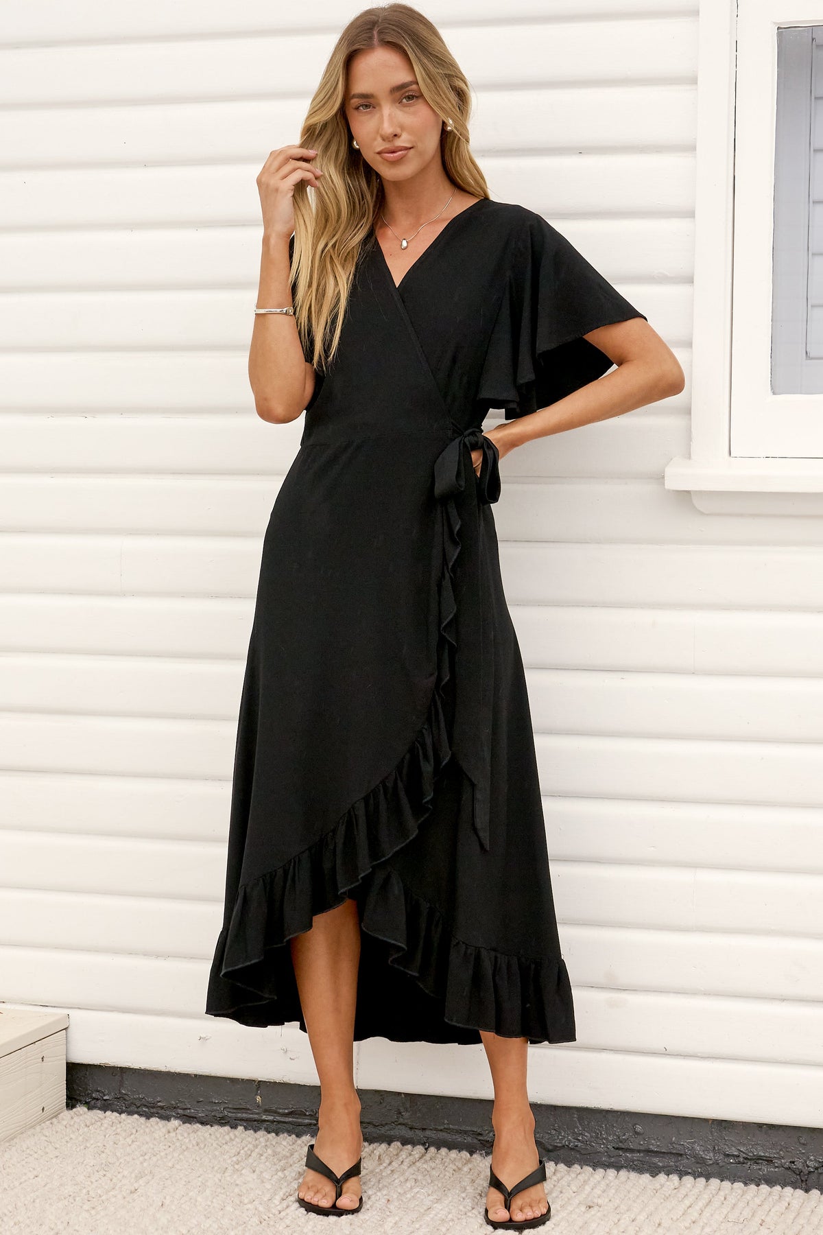 Carolina Midi Dress - V Neck Wrap Dress with Ruffle High Low Hemline in Black