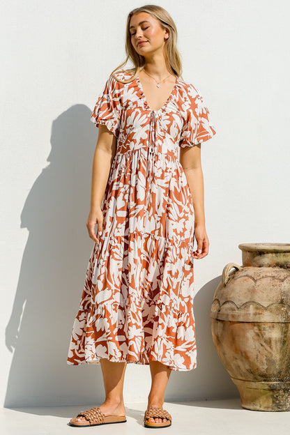Charis Midi Dress - Pull In V Neckline Dress With Cap Balloon Sleeves