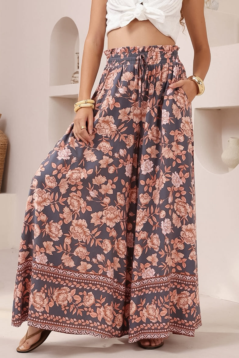Charli Pants - Paper Bag High Waisted Wide Leg Pants in Leandra Print