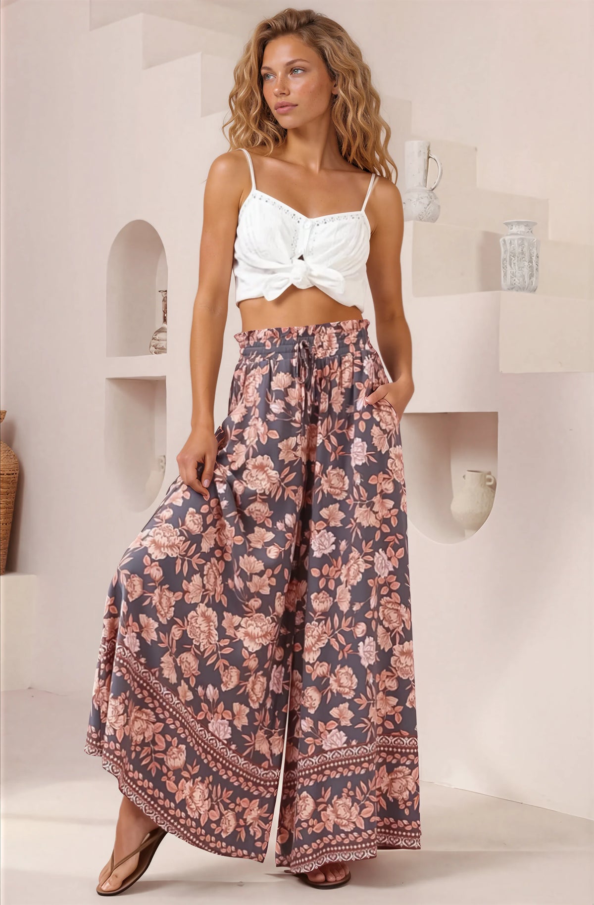 Charli Pants - Paper Bag High Waisted Wide Leg Pants in Leandra Print