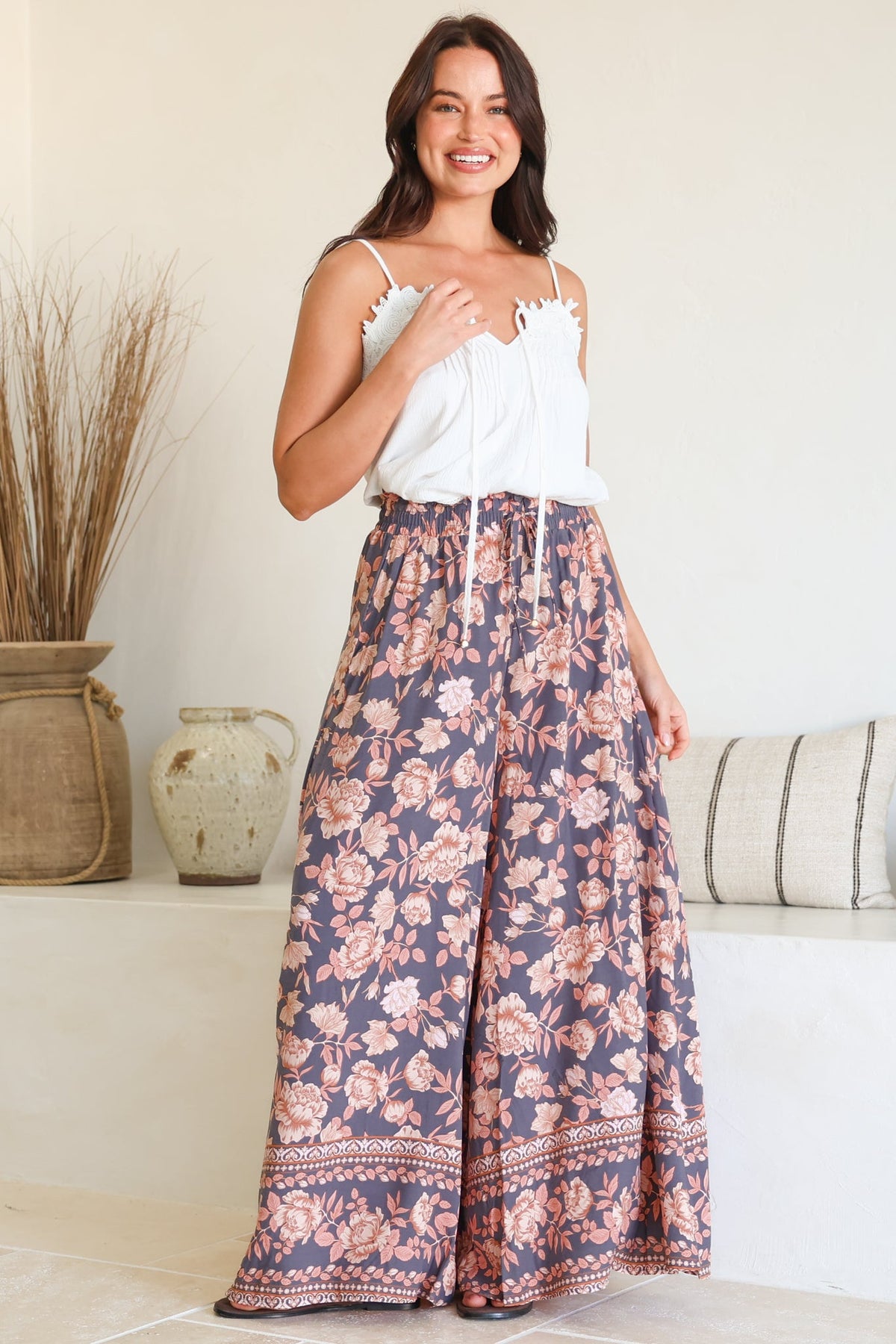 Charli Pants - Paper Bag High Waisted Wide Leg Pants in Leandra Print