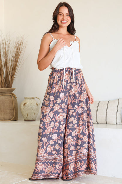 Charli Pants - Paper Bag High Waisted Wide Leg Pants in Leandra Print