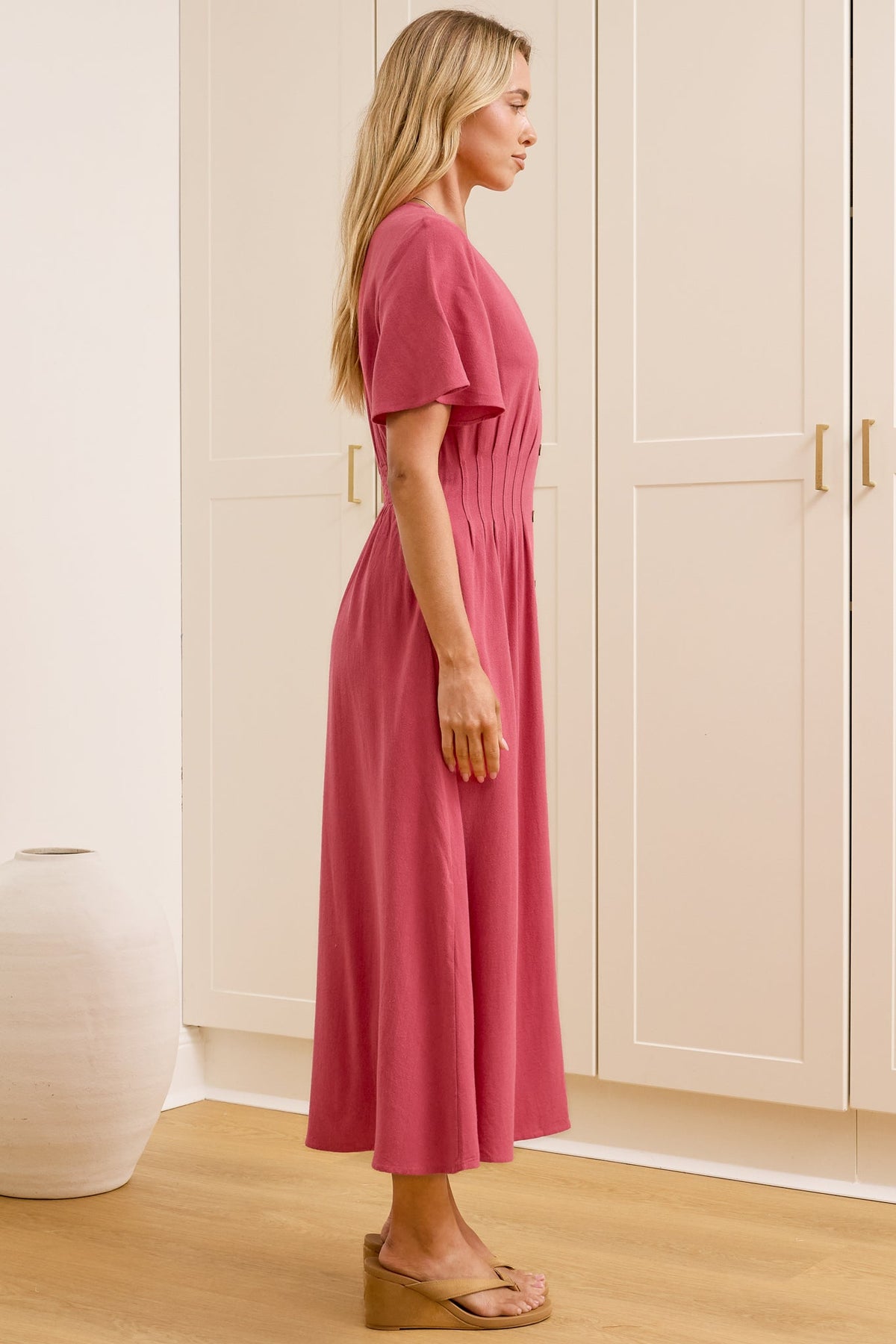 Cyan Midi Dress  - V Neckline Dress in Wine