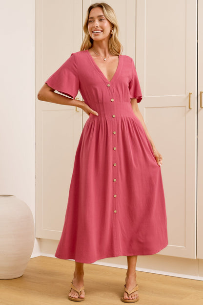 Cyan Midi Dress  - V Neckline Dress in Wine