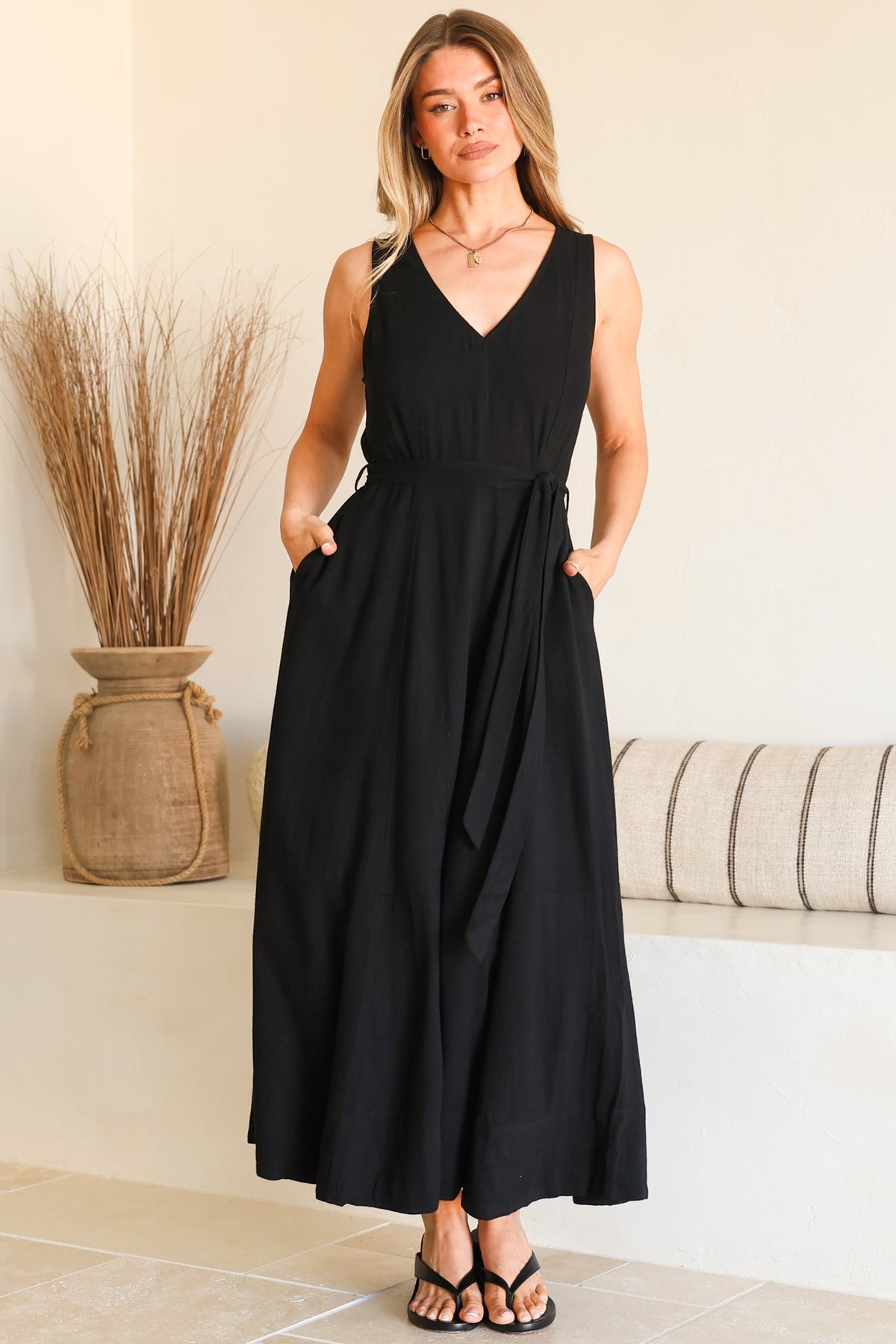 Delphy Midi Dress - Linen V Neck Sleeveless A-Line Dress with Waist Tie in Black