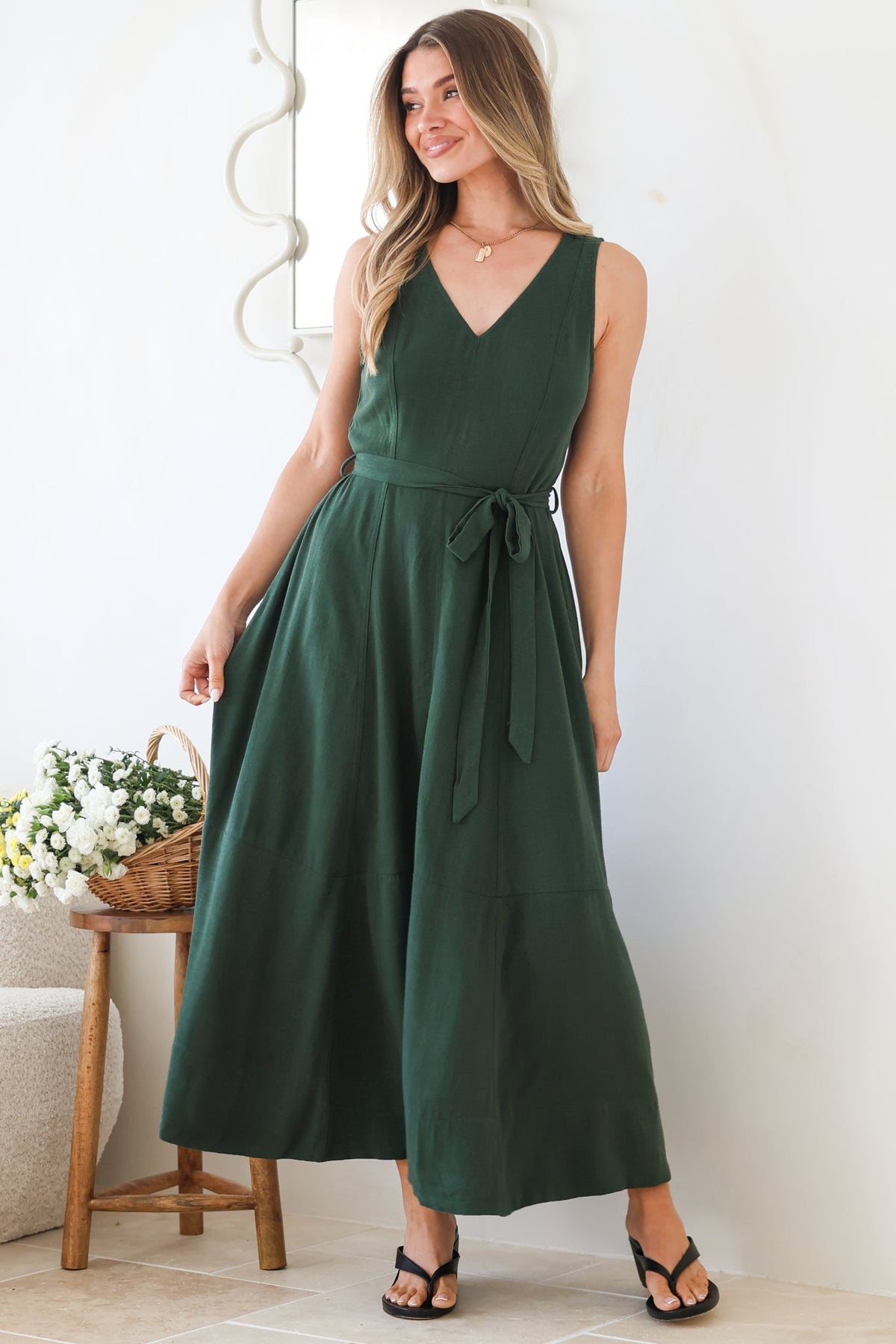 Delphy Midi Dress - Linen V Neck Sleeveless A-Line Dress with Waist Tie in Emerald