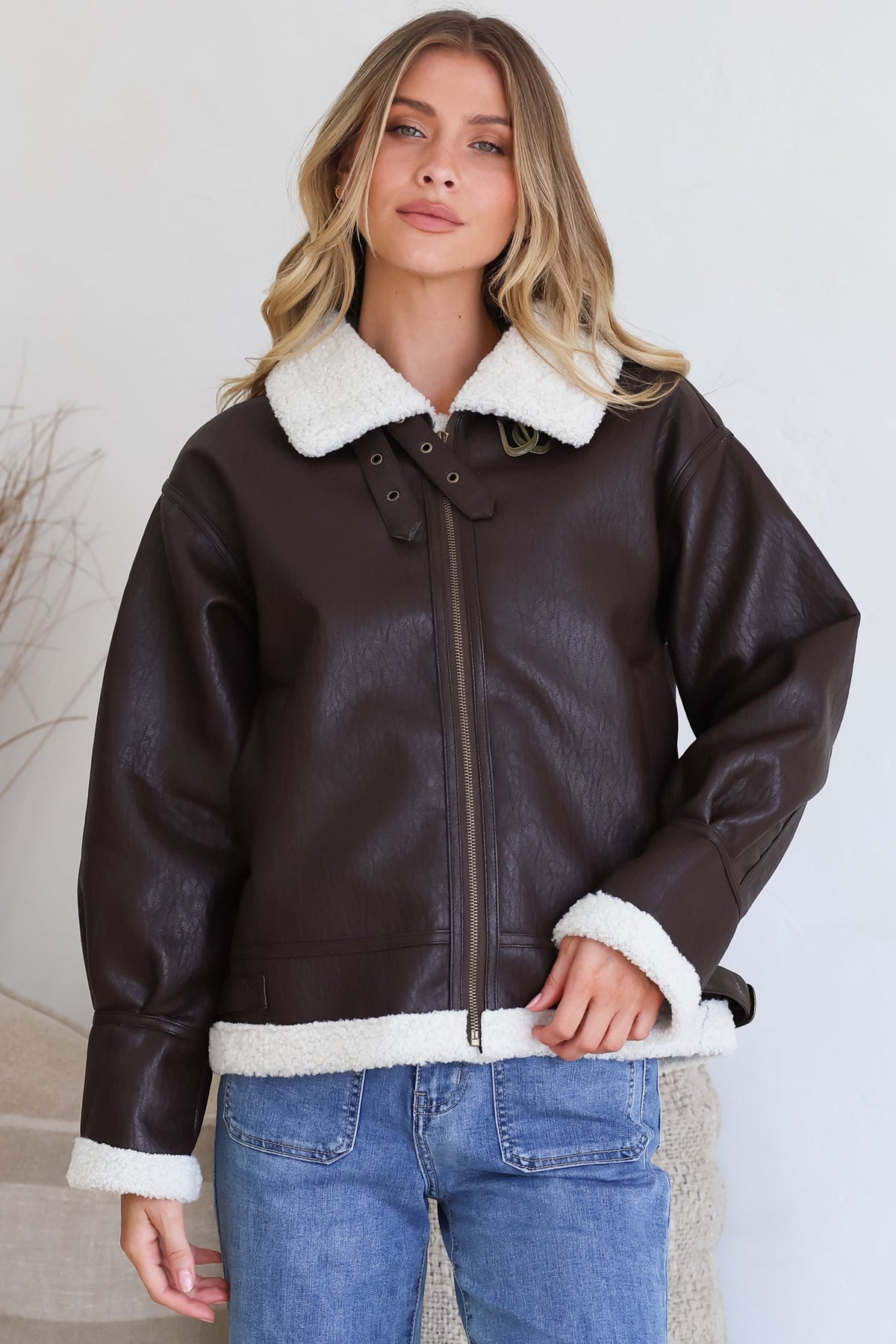 Domingo Jacket - Wing Collared Fleece Lined Biker Jacket in Brown