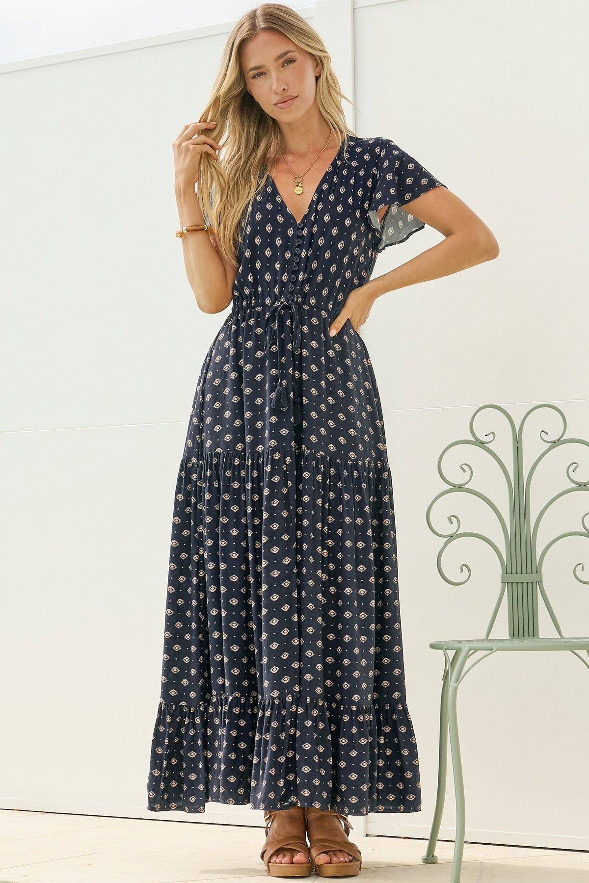Ellise Maxi Dress - Crochet Trim V Neck Dress with Flutter Sleeves in Kendy Print Navy
