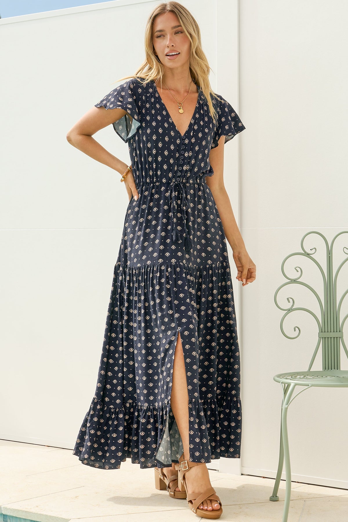 Ellise Maxi Dress - Crochet Trim V Neck Dress with Flutter Sleeves in Kendy Print Navy