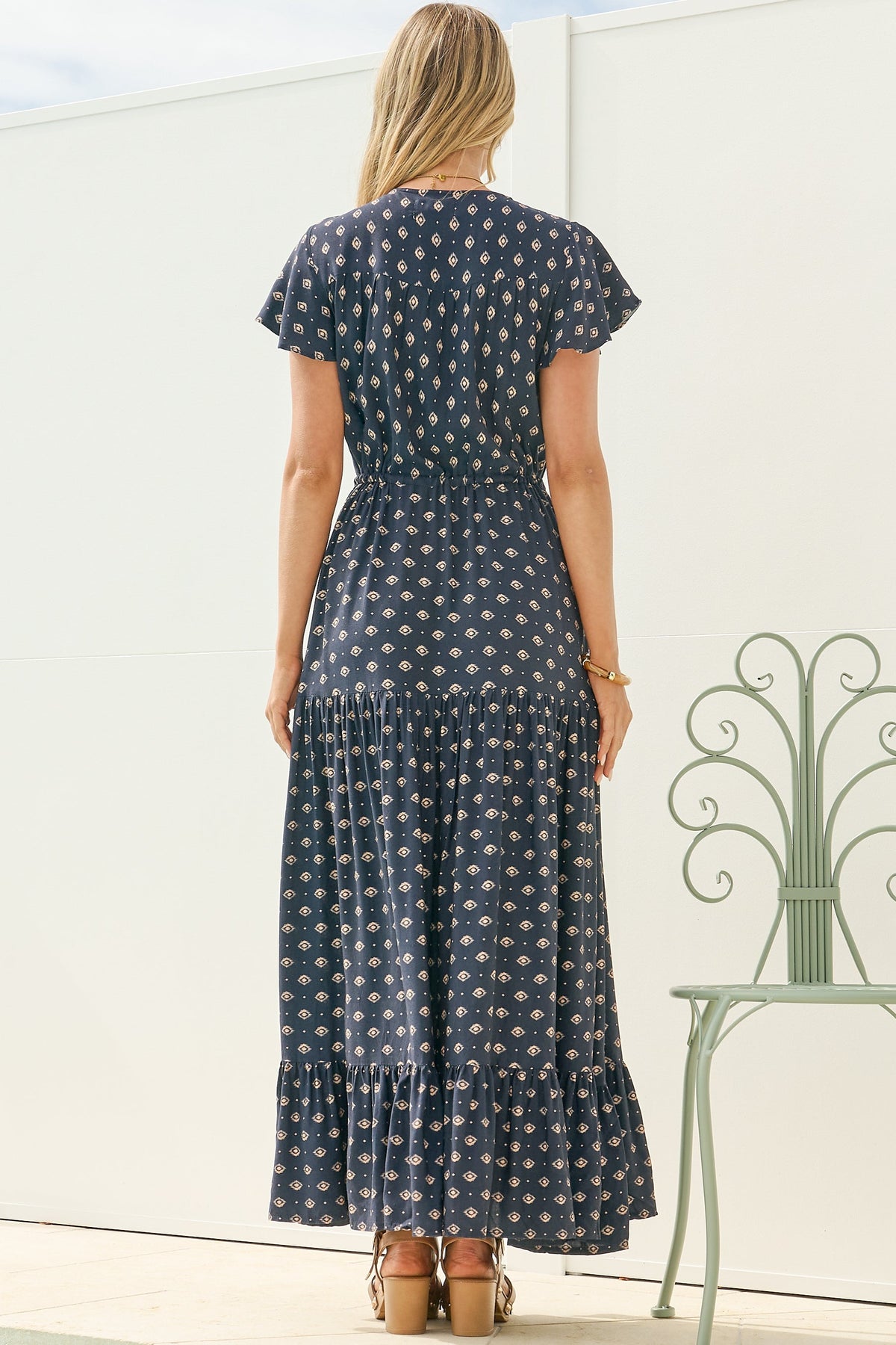 Ellise Maxi Dress - Crochet Trim V Neck Dress with Flutter Sleeves in Kendy Print Navy