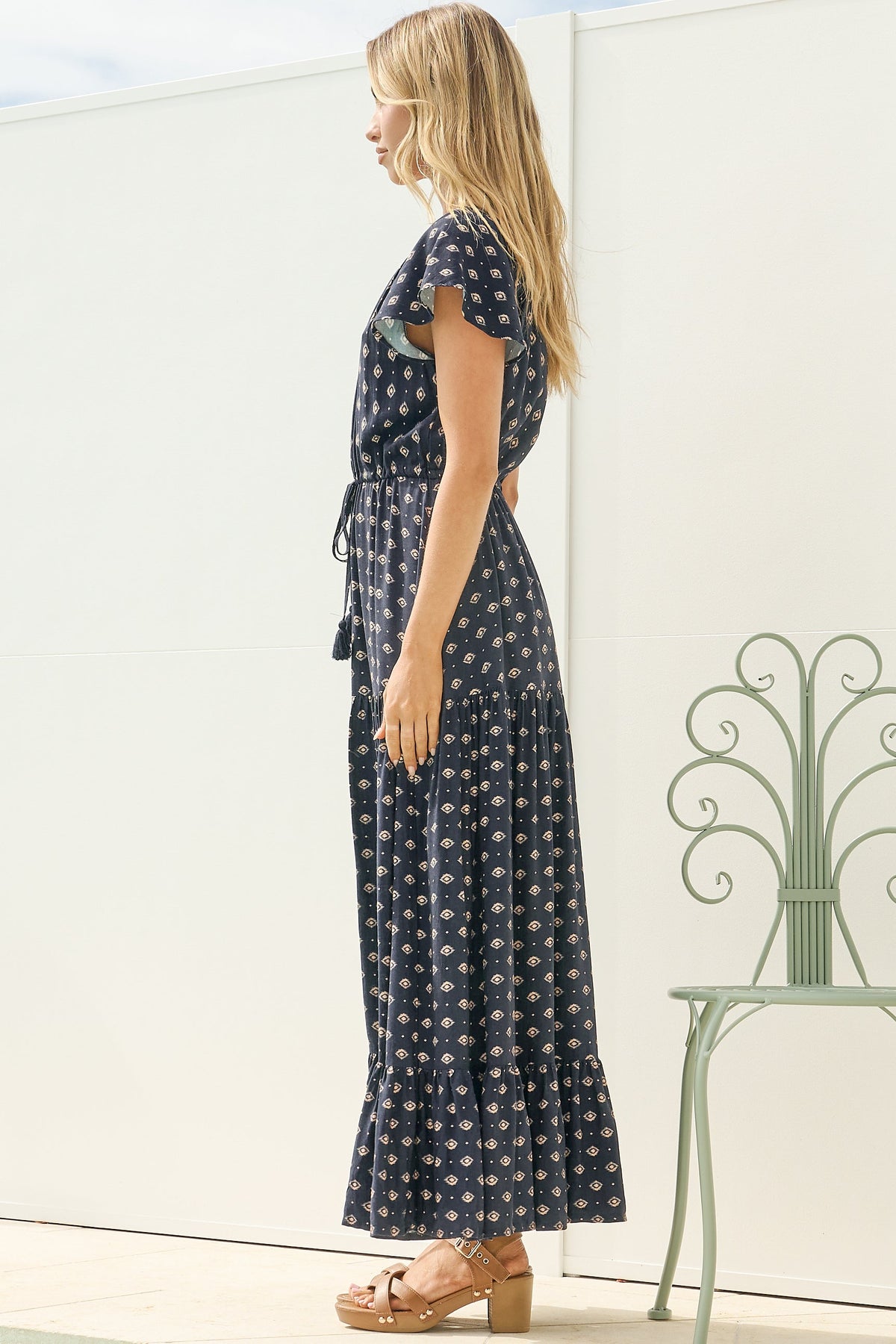 Ellise Maxi Dress - Crochet Trim V Neck Dress with Flutter Sleeves in Kendy Print Navy
